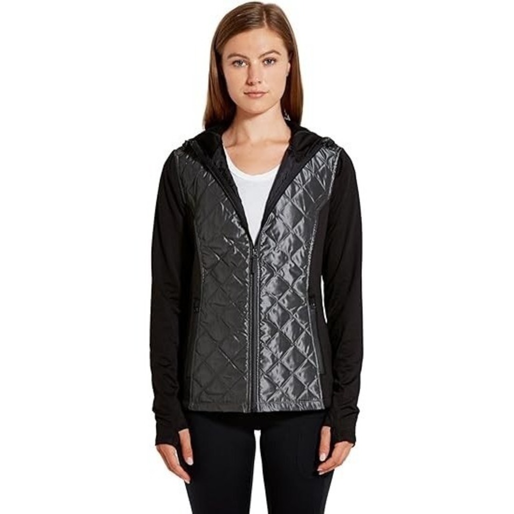 Etonic Victory Down Jacket Womens S Black Gray Quilted Full Zip Pockets Hooded